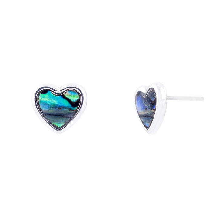 Sweet Paua Shell Heart Stud Earrings by Byzantium, Rhodium Plated