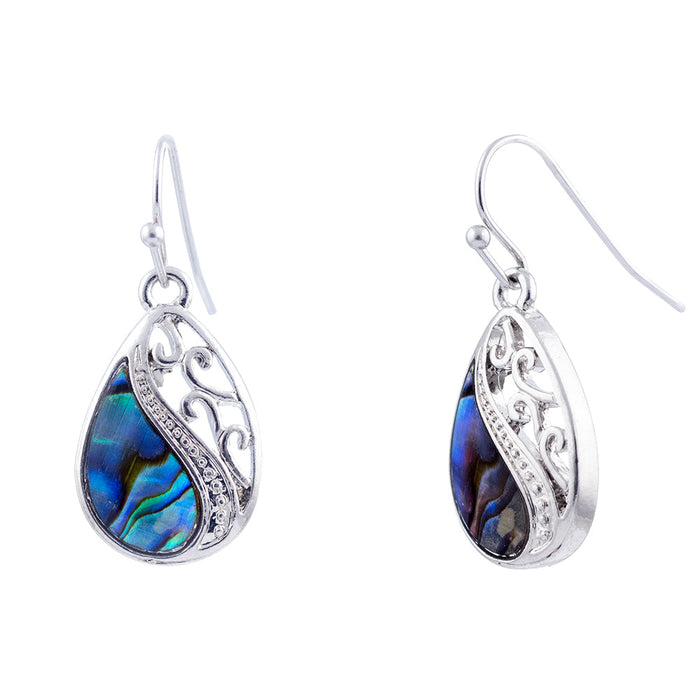P269 - Paua Shell Laced Teardrop Drop Earrings, Rhodium Plated