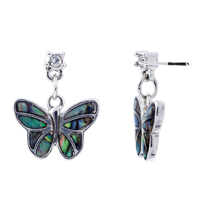 P273 - Paua Shell Butterfly Drop Earrings, Rhodium Plated
