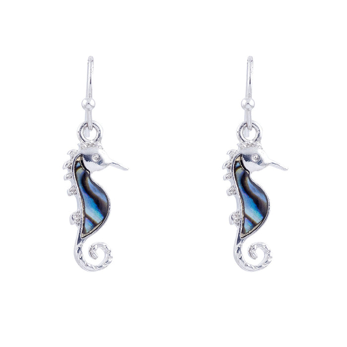 P276 - Paua Shell Sea Horse Drop Earrings, Rhodium Plated
