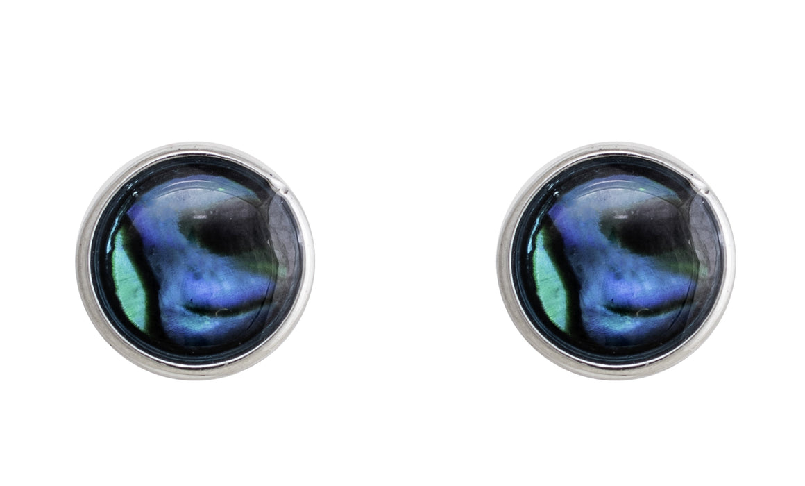 P281 - Paua Shell Round Stud Earrings, Rhodium Plated
