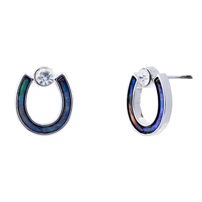 P282 - Paua Shell Horse Shoe Stud Earrings, Rhodium Plated