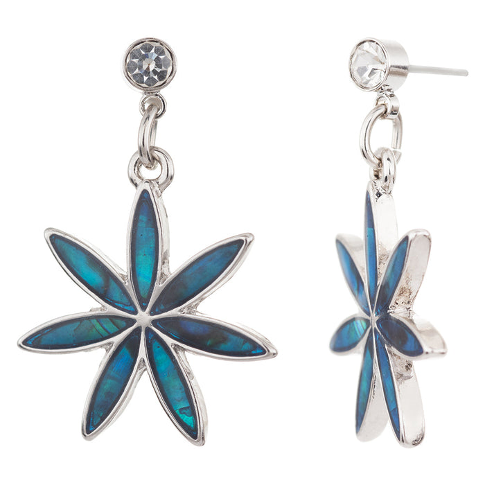 P356 - Paua Shell Daisy  Stud/Drop Earrings, Rhodium Plated