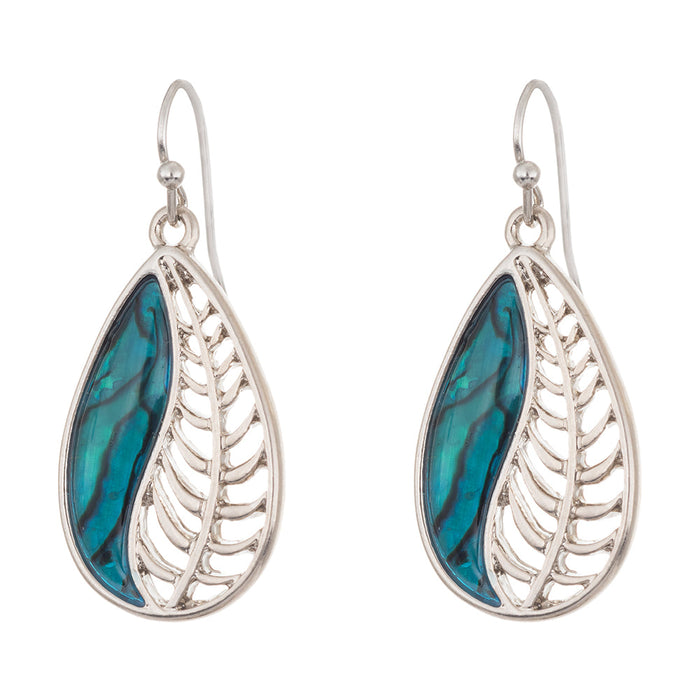 P357 - Paua Shell Leafy Drop Earrings, Rhodium Plated