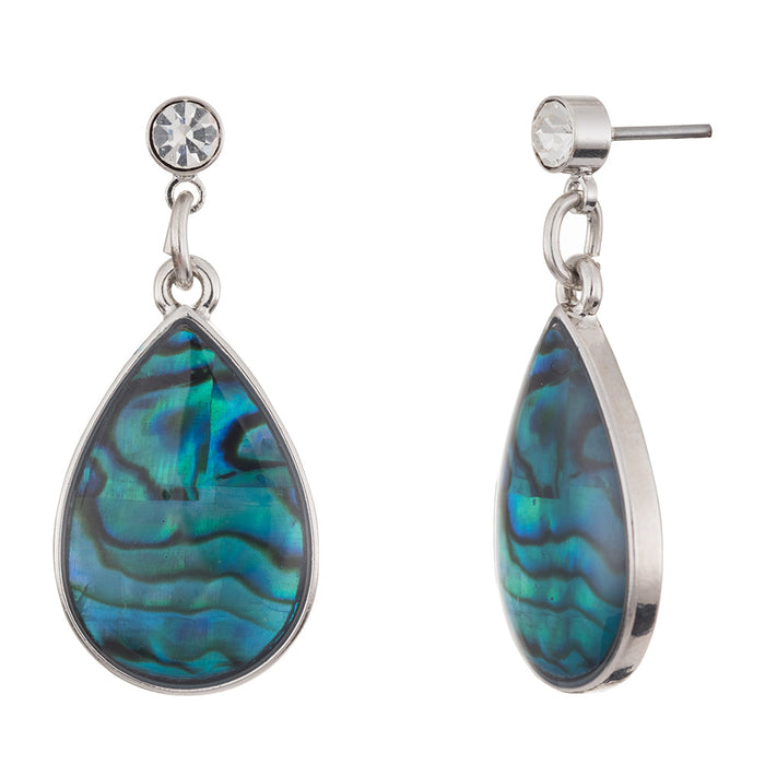 P358 - Paua Shell Lacrima Stud/Drop Earrings, Rhodium Plated