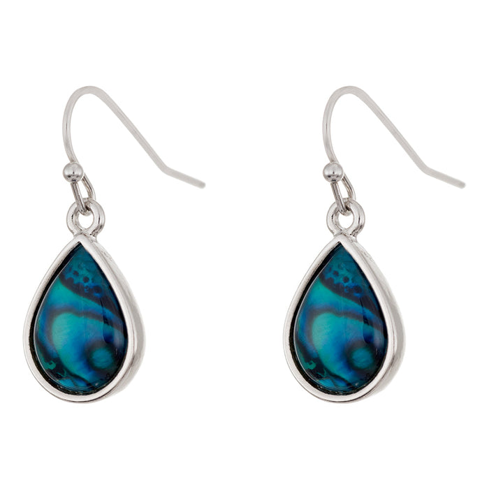 P359 - Paua Shell Raindrop Drop Earrings, Rhodium Plated
