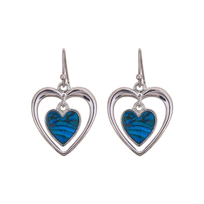 P361 - Paua Shell Heart within Heart Drop Earrings, Rhodium Plated