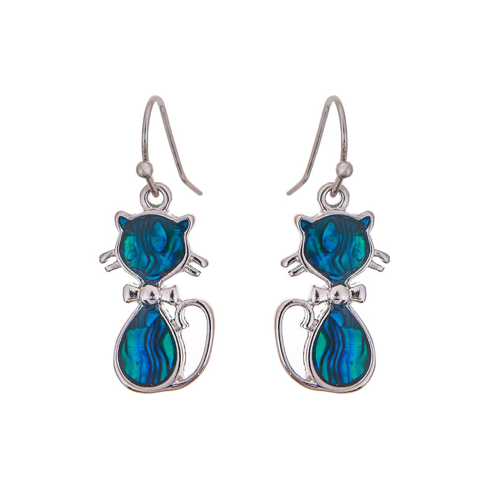 P367 - Paua Shell Kitty Cat Drop Earrings, Rhodium Plated