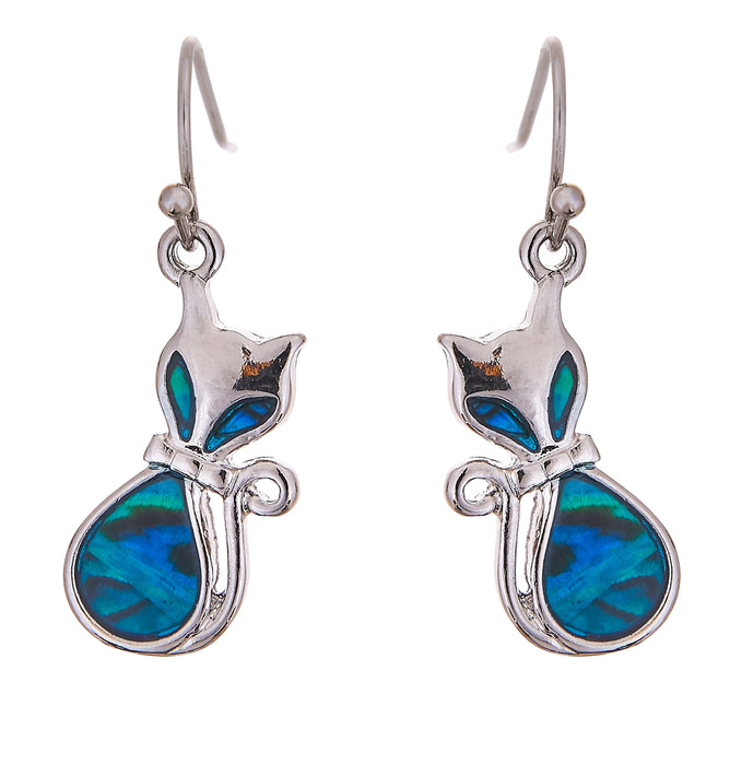P368 - Paua Shell Ocicat Kitty Earrings, Rhodium Plated