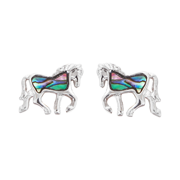 P371 - Paua Shell Horse Stud Earrings, Rhodium Plated