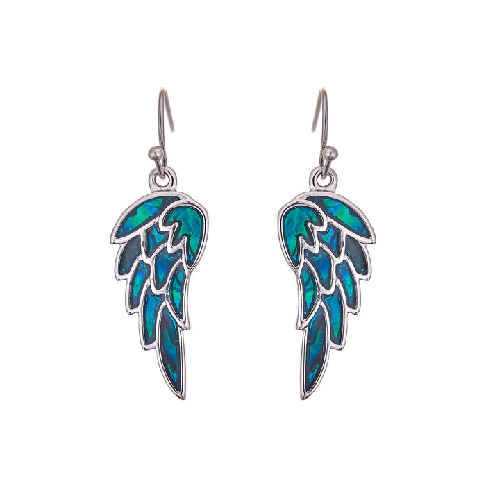 P372 - Paua Shell Angel Wings Drop Earrings, Rhodium Plated
