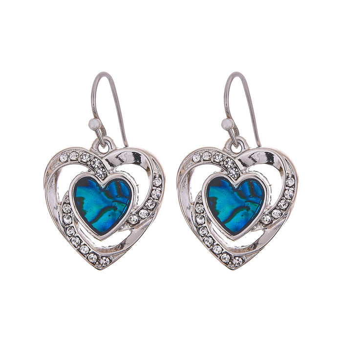 P380 - Paua Shell Crystal Framed Heart Drop Earrings, Rhodium Plated