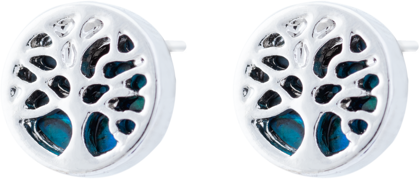 P414 - Paua Shell Tree of Life Round Stud Earrings, rhodium plated