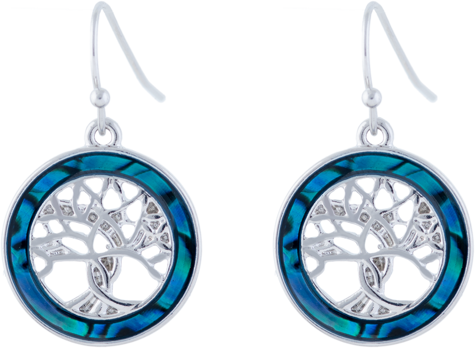 P429 - Paua Shell Circle with Tree of Life Drop Earrings, Rhodium Plated