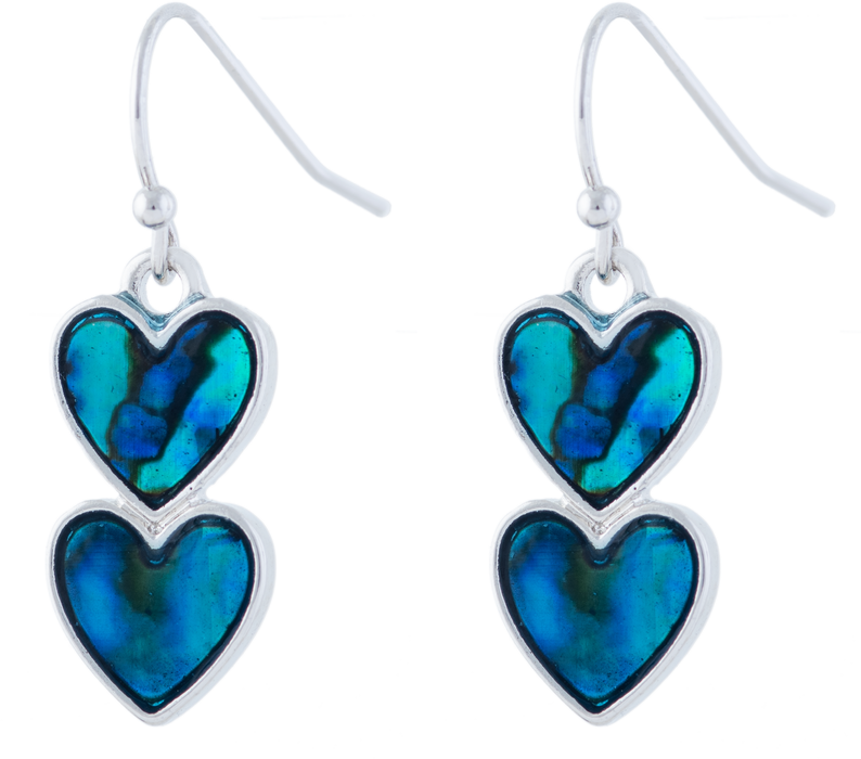 P432 - Paua Shell Double Heart Drop Earrings, Rhodium Plated