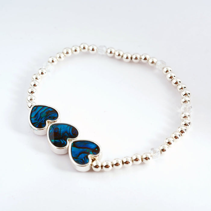 P45 - Paua Shell Triple Hearts Stretch Bracelet, Rhodium Plated