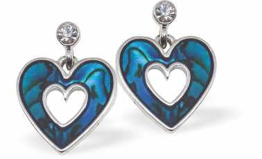 Paua Shell Hollow Heart Drop Earrings, by Byzantium, with Crystal Link. Rhodium Plated,  15mm in size