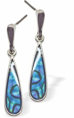 P502 - Paua Shell Long Droplet Drop Earrings, Rhodium Plated