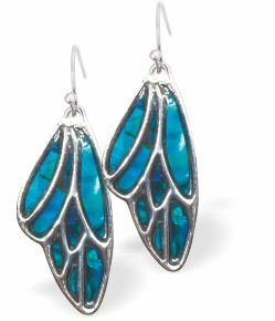Natural Paua Shell Bee's Wing Drop Earrings  Hypoallergenic: Rhodium Plated, Nickel, Lead and Cadmium Free Greeny Blue in colour 22mm in size See matching necklace P704 