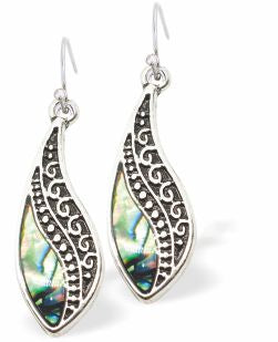 Natural Paua Shell Antique Wave Drop Earrings Hypoallergenic: Rhodium Plated, Nickel, Lead and Cadmium Free Greeny Blue in colour 25mm in size See matching necklace P706