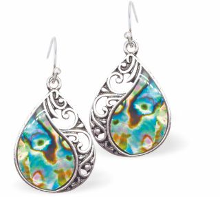 Natural Paua Shell Curved Drop Earrings Hypoallergenic: Rhodium Plated, Nickel, Lead and Cadmium Free Greeny Blue in colour 18mm in size See matching necklace P707