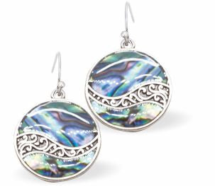 Natural Paua Shell Round Wave Drop Earrings Hypoallergenic: Rhodium Plated, Nickel, Lead and Cadmium Free Greeny Blue in colour 18mm in size See matching necklace P708 