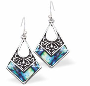 Natural Paua Shell Kite Drop Earrings Hypoallergenic: Rhodium Plated, Nickel, Lead and Cadmium Free Greeny Blue in colour 22mm in size See matching necklace P709