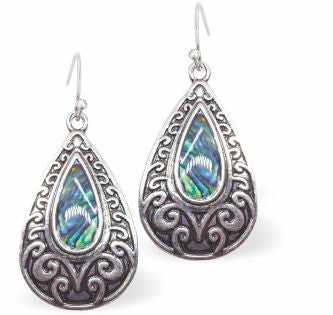 Natural Paua Shell Celtic Framed Drop Earrings Hypoallergenic: Rhodium Plated, Nickel, Lead and Cadmium Free Greeny Blue in colour 20mm in size See matching necklace P710 