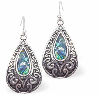 Natural Paua Shell Celtic Framed Drop Earrings Hypoallergenic: Rhodium Plated, Nickel, Lead and Cadmium Free Greeny Blue in colour 20mm in size See matching necklace P710