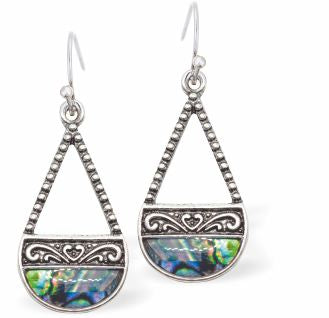 Natural Paua Shell Half Hollow Teardrop Drop Earrings Hypoallergenic: Rhodium Plated, Nickel, Lead and Cadmium Free Greeny Blue in colour 30mm in size See matching necklace P711