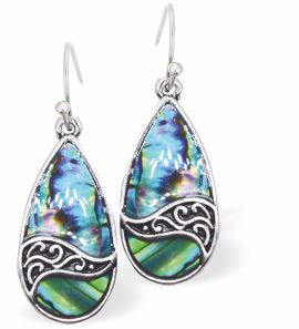 Natural Paua Shell Teardrop Drop Earrings Hypoallergenic: Rhodium Plated, Nickel, Lead and Cadmium Free Greeny Blue in colour 30mm in size See matching necklace P712 