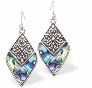 Natural Paua Shell Rounded Rhombus Drop Earrings Hypoallergenic: Rhodium Plated, Nickel, Lead and Cadmium Free Greeny Blue in colour 20mm in size See matching necklace P713
