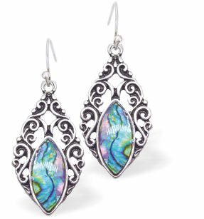 Natural Paua Shell Gothic Drop Earrings Hypoallergenic: Rhodium Plated, Nickel, Lead and Cadmium Free Greeny Blue in colour 25mm in size See matching necklace P714