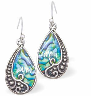 Natural Paua Shell Half Framed Droplet Drop Earrings Hypoallergenic: Rhodium Plated, Nickel, Lead and Cadmium Free Greeny Blue in colour 20mm in size See matching necklace P715 