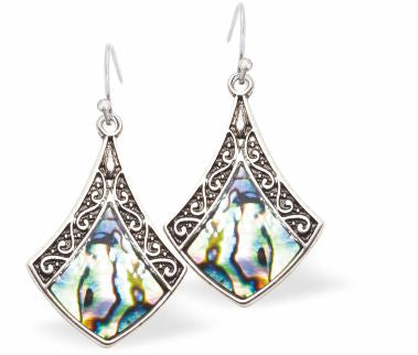Natural Paua Shell Triangle Drop Earrings Hypoallergenic: Rhodium Plated, Nickel, Lead and Cadmium Free Greeny Blue in colour 25mm in size See matching necklace P716