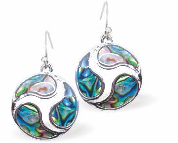 Natural Paua Shell Dome Drop Earrings Hypoallergenic: Rhodium Plated, Nickel, Lead and Cadmium Free Greeny Blue in colour 15mm in size See matching necklace P717 