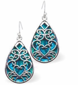 Natural Paua Shell Peardrop with heart Drop Earrings Hypoallergenic: Rhodium Plated, Nickel, Lead and Cadmium Free Greeny Blue in colour 24mm in size See matching necklace P718