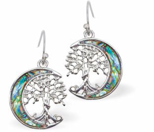 Natural Paua Shell Tree of Life in the Moon Drop Earrings Hypoallergenic: Rhodium Plated, Nickel, Lead and Cadmium Free Greeny Blue in colour 15mm in size See matching necklace P723 