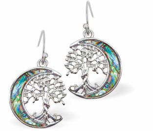 Natural Paua Shell Tree of Life in the Moon Drop Earrings Hypoallergenic: Rhodium Plated, Nickel, Lead and Cadmium Free Greeny Blue in colour 15mm in size See matching necklace P723