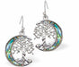 Natural Paua Shell Tree of Life in the Moon Drop Earrings Hypoallergenic: Rhodium Plated, Nickel, Lead and Cadmium Free Greeny Blue in colour 15mm in size See matching necklace P723 