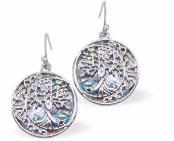 Natural Paua Shell Tree of Life with Crescent Moon Drop Earrings Hypoallergenic: Rhodium Plated, Nickel, Lead and Cadmium Free Greeny Blue in colour 20mm in size See matching necklace P724 h