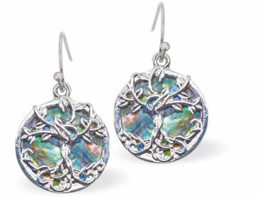 Natural Paua Shell Twisted Tree of Life Drop Earrings Hypoallergenic: Rhodium Plated, Nickel, Lead and Cadmium Free Greeny Blue in colour 15mm in size See matching necklace P725