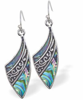 Natural Paua Shell Sails Drop Earrings Hypoallergenic: Rhodium Plated, Nickel, Lead and Cadmium Free Greeny Blue in colour 25mm in size See matching necklace P730