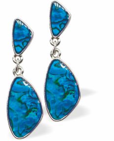 Natural Paua Shell Doubledrop Drop Earrings Hypoallergenic: Rhodium Plated, Nickel, Lead and Cadmium Free Greeny Blue in colour 30mm in size See matching necklace P731