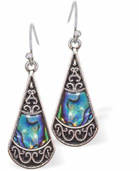 Natural Paua Shell Celtic Framed Drop Earrings Hypoallergenic: Rhodium Plated, Nickel, Lead and Cadmium Free Greeny Blue in colour 25mm in size See matching necklace P732 