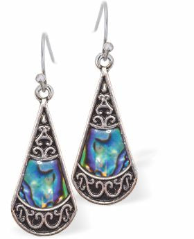 Natural Paua Shell Celtic Framed Drop Earrings Hypoallergenic: Rhodium Plated, Nickel, Lead and Cadmium Free Greeny Blue in colour 25mm in size See matching necklace P732