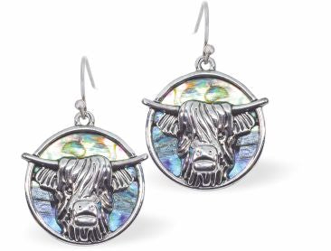Natural Paua Shell Long Horn Highland Cow Drop Earrings Hypoallergenic: Rhodium Plated, Nickel, Lead and Cadmium Free Greeny Blue in colour 15mm in size See matching necklace P734 