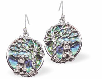 Natural Paua Shell Tree of Life with Highland Cow Drop Earrings Hypoallergenic: Rhodium Plated, Nickel, Lead and Cadmium Free Greeny Blue in colour 20mm in size See matching necklace P725 