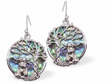 Natural Paua Shell Tree of Life with Highland Cow Drop Earrings Hypoallergenic: Rhodium Plated, Nickel, Lead and Cadmium Free Greeny Blue in colour 20mm in size See matching necklace P725