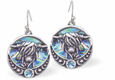 Natural Paua Shell Kyloe Highland Cow Drop Earrings Hypoallergenic: Rhodium Plated, Nickel, Lead and Cadmium Free Greeny Blue in colour 18mm in size See matching necklace P736 